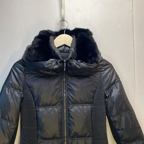BCBGMaxazria Beautiful Black Puffer Knee Length Coat Removable Fur -XS- #0044 - Picture 11 of 16